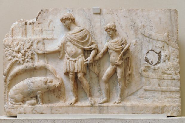 Æneas lands on the shores of Latium with his son Ascanius behind him; on the left, a sow tells him where to found his city